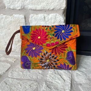 Embroidered Floral Orange Wristlet Clutch